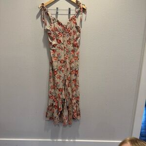 Angie Cottagecore Floral Midi Dress | Boho Tie Strap Button Front Flowy Dress S